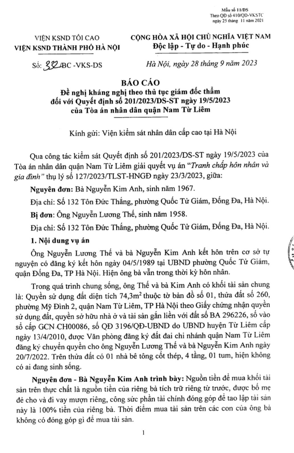 B&aacute;o c&aacute;o đề nghị kh&aacute;ng nghị theo thủ tục gi&aacute;m đốc thẩm của Viện KSND th&agrave;nh phố H&agrave; Nội