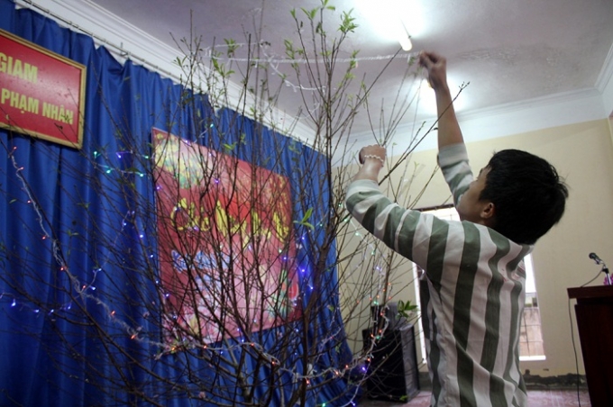 Phạm nh&acirc;n trang tr&iacute; c&agrave;nh đ&agrave;o Tết.