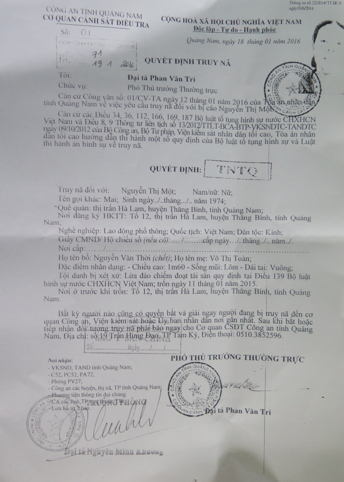 Quyết định truy n&atilde; đối với Nguyễn Thị Một. Nguồn: C&ocirc;ng an Quảng Nam.