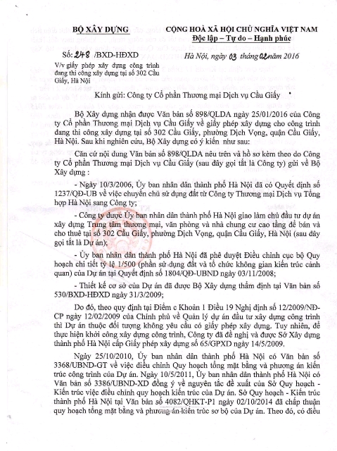 Dự &aacute;n Discovery Coplex 302 Cầu Giấy thuộc đối tượng được miễn giấy ph&eacute;p XD