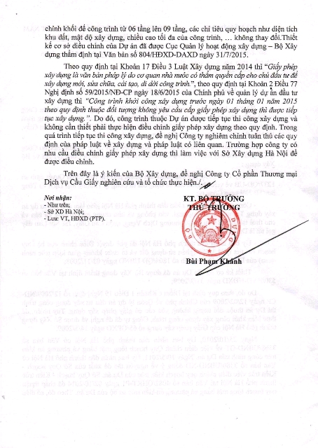 Văn bản trả lời của Bộ x&acirc;y dựng.