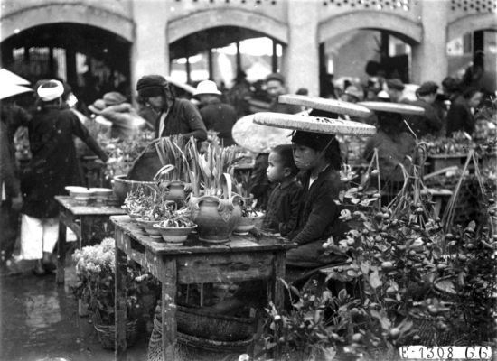 H&igrave;nh ảnh c&aacute;c chậu hoa v&agrave; c&acirc;y cảnh được b&agrave;y b&aacute;n trong dịp tết xưa. Ảnh: internet.