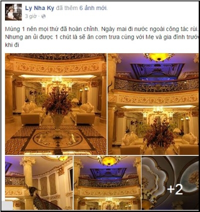 L&yacute; Nh&atilde; Kỳ c&ocirc;ng khai h&igrave;nh ảnh ph&ograve;ng kh&aacute;ch tr&aacute;ng lệ của m&igrave;nh tr&ecirc;n trang facebook c&aacute; nh&acirc;n. Ảnh: facebook.