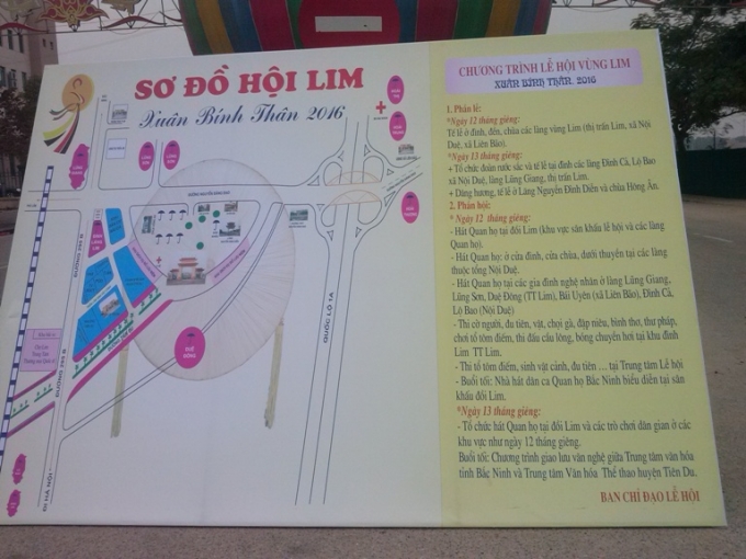 Sơ đồ tổ chức hội Lim được Ban chỉ đạo đặt ngay trước các đường chính dẫn vào khu vực đồi Lim