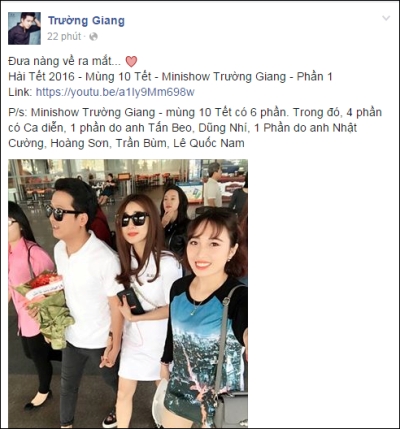 Mới đ&acirc;y, Trường Giang đ&atilde; ch&iacute;nh thức đưa Nh&atilde; Phương về qu&ecirc; ra mắt. Ảnh: Facebook.