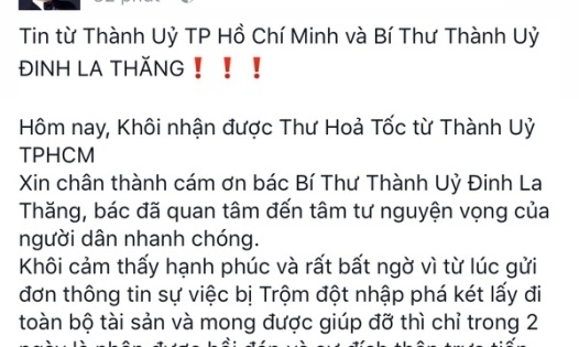 Đăng Khôi vui mừng nhận được thư của Bí thư Thành Uỷ Đinh La Thăng