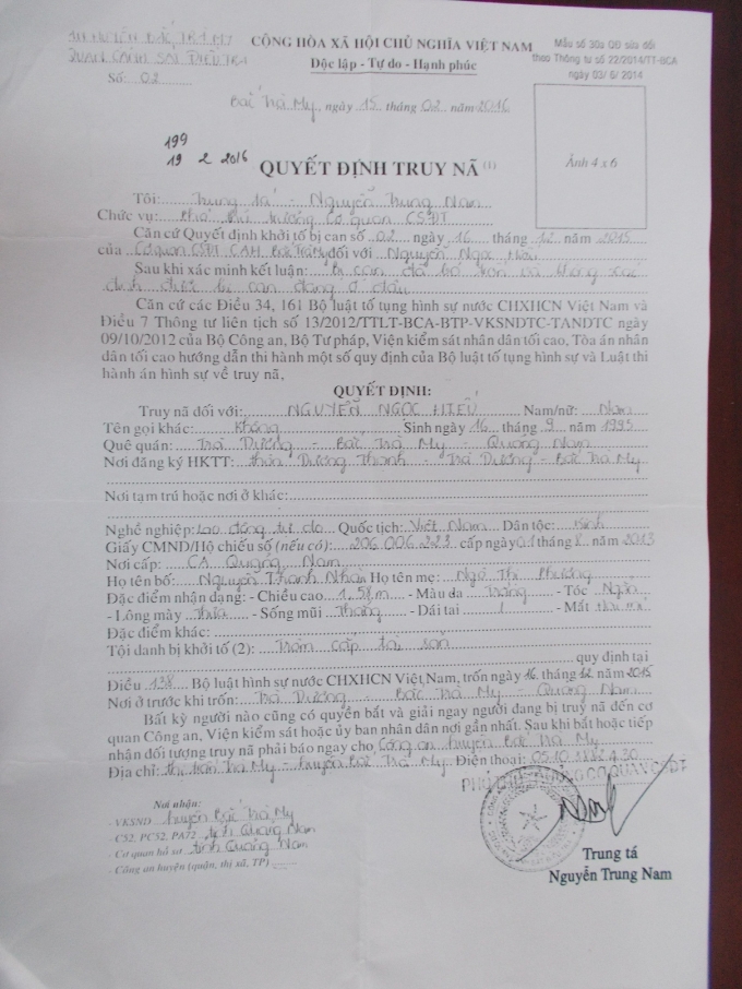 Quyết định truy n&atilde; đối tượng Nguyễn Ngọc Hiếu