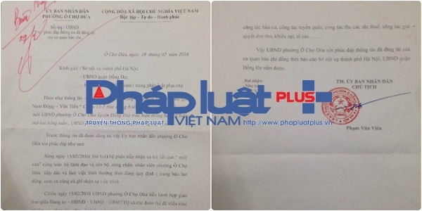 C&ocirc;ng văn ph&uacute;c đ&aacute;p của phường &Ocirc; Chợ Dừa gửi tới c&aacute;c cơ quan chức năng.