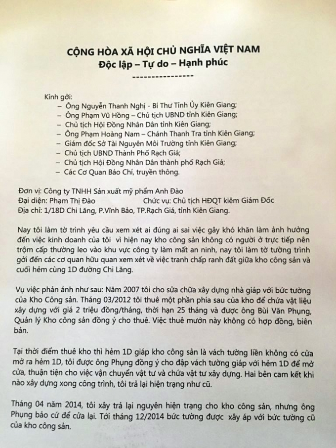 Đơn b&agrave; Phạm Thị Đ&agrave;o gửi đi c&aacute;c cơ quan chức năng.