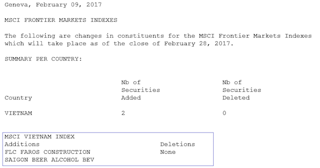 Kết quả đảo danh mục h&agrave;ng qu&yacute; đợt th&aacute;ng 2/2017 của MSCI Frontier Markets Index.