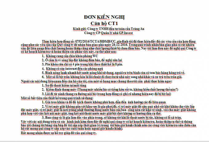 Đơn kiến nghị những bất cập về thi c&ocirc;ng của người d&acirc;n gửi đến chủ đầu tư.