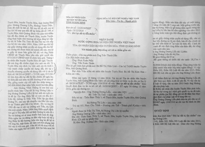 Bản &aacute;n của TAND huyện Tuy&ecirc;n H&oacute;a, tỉnh Quảng B&igrave;nh.