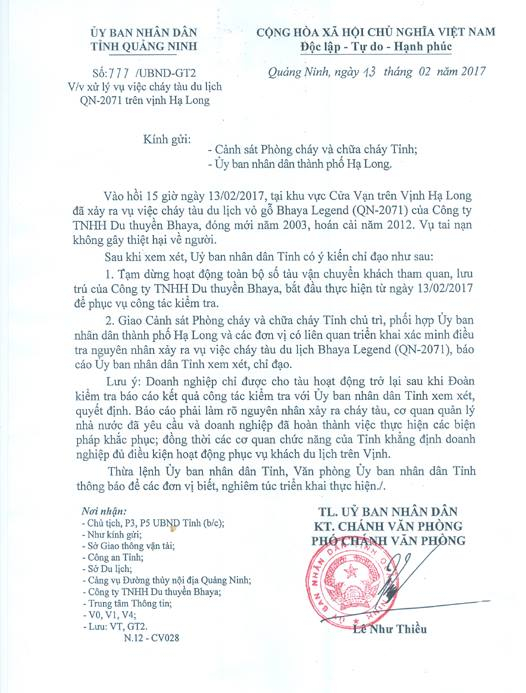 Nội dung văn bản chỉ đạo đ&igrave;nh chỉ hoạt động của c&aacute;c t&agrave;u du lịch thuộc C&ocirc;ng tyTNHH Du thuyền Bhaya.