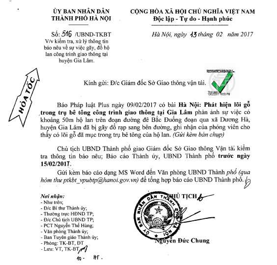 C&ocirc;ng văn hỏa tốc Chủ tịch UBND TP H&agrave; Nội y&ecirc;u cầu gi&aacute;m đốc Sở GTVT H&agrave; Nội giải quyết sự việc.