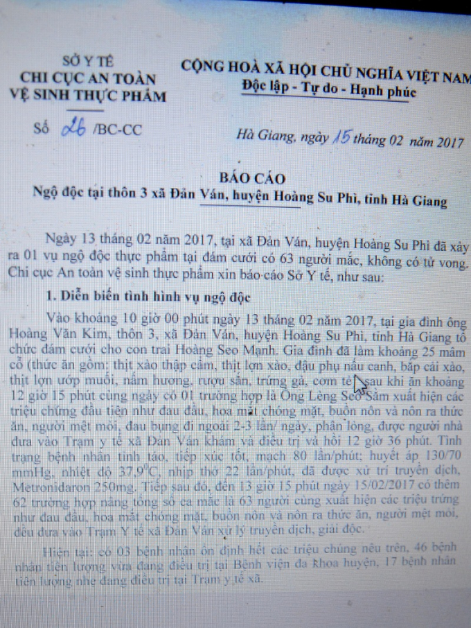 B&aacute;o c&aacute;o của Chi cục vệ sinh an to&agrave;n thực phẩm. (ảnh: Ph&agrave;n Gi&agrave;o Họ)