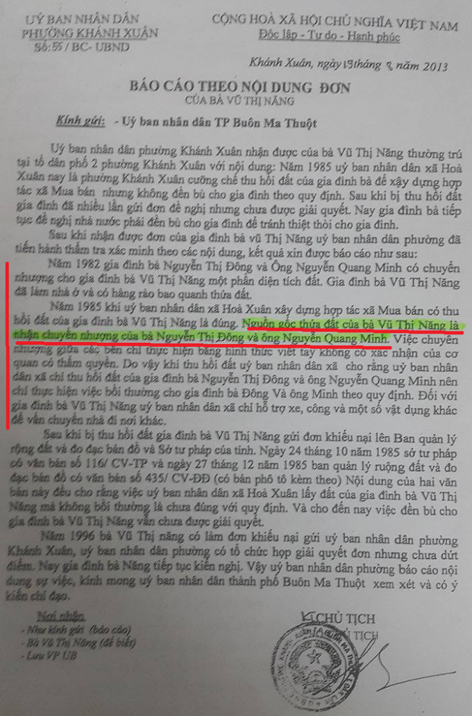 Văn bản của UBND P. Kh&aacute;nh Xu&acirc;n năm 2013 n&ecirc;u: &ldquo;Nguồn gốc thửa đất của b&agrave; Năng l&agrave; nhận chuyển nhượng của b&agrave; Đ&ocirc;ng v&agrave; &ocirc;ng Minh&rdquo;.