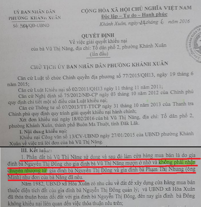 Kết luận của UBND P. Kh&aacute;nh Xu&acirc;n năm 2016 n&ecirc;u: &ldquo;Phần đất của b&agrave; Năng l&agrave; kh&ocirc;ng phải nhận chuyển nhượng từ gia đ&igrave;nh b&agrave; Đ&ocirc;ng v&agrave; &ocirc;ng Minh&rdquo;.&nbsp;