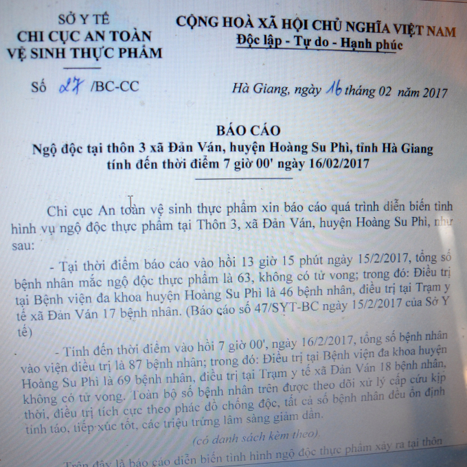 B&aacute;o c&aacute;o mới nhất của Chi cục vệ sinh an to&agrave;n thực phẩm tỉnh H&agrave; Giang. (Ảnh: Ph&agrave;n Gi&agrave;o Họ).