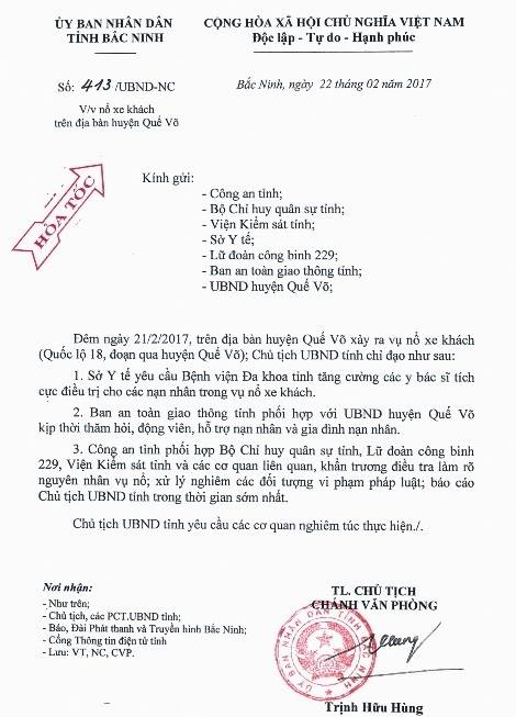 Nội dung Văn bản hỏa tốc chỉ đạo về việc nổ xe kh&aacute;ch tr&ecirc;n địa b&agrave;n huyện Quế V&otilde;.