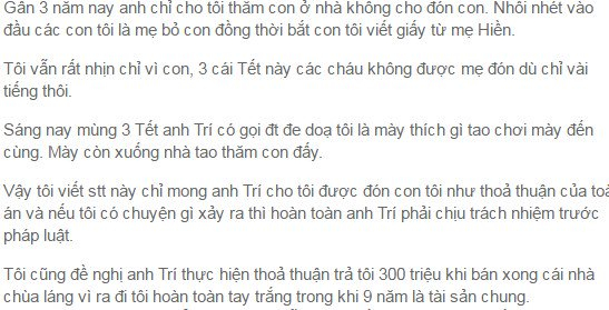Chia sẻ của chị Ho&agrave;ng Thu Hiền tr&ecirc;n facebook về việc chồng cản trở thăm con sau ly h&ocirc;n nhận được gần 800 lượt chia sẻ v&agrave; hơn 3.000 lượt th&iacute;ch.