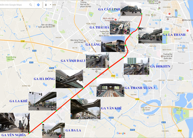 C&ocirc;ng tr&igrave;nh đường sắt tr&ecirc;n cao C&aacute;t Linh - Y&ecirc;n Nghĩa (H&agrave; Nội) đ&atilde; ho&agrave;n th&agrave;nh tr&ecirc;n 90% khối lượng c&ocirc;ng việc, định h&igrave;nh r&otilde; r&agrave;ng với 12 ga ch&iacute;nh. (Map:Google).