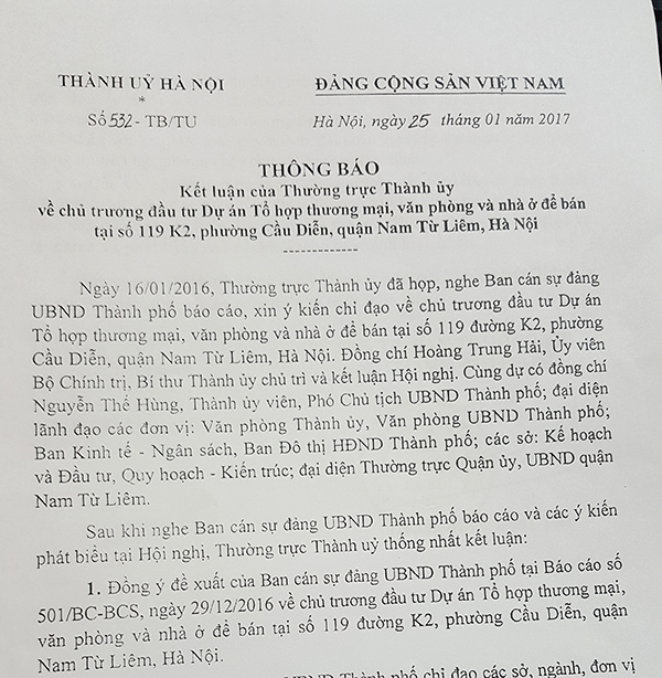 Dự &aacute;n tại phường Cầu Diễn của Xu&acirc;n H&ograve;a đủ giấy ph&eacute;p để triển khai theo quy định