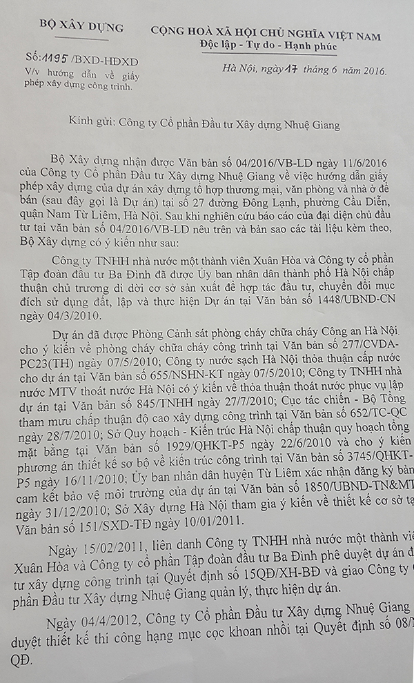 Dự &aacute;n tại phường Cầu Diễn của Xu&acirc;n H&ograve;a đủ giấy ph&eacute;p để triển khai theo quy định