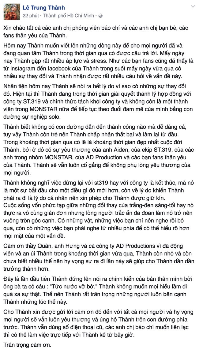 Erik chia sẻ việc m&igrave;nh bị stress, căng thẳng trước khi quyết định rời Monstar.