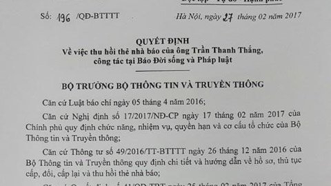 Thu thẻ nhà báo người gửi công văn cho ông Đoàn Ngọc Hải