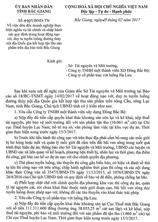 Văn bản UBND tỉnh Bắc Giang y&ecirc;u cầu C&ocirc;ng ty TNHH Đ&ocirc;ng Bắc Bộ nộp đầy đủ tiền.