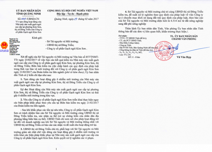 Nội dung Văn bản chị đạo tạm dừng hoạt động của Nh&agrave; m&aacute;y sản xuất gạch ng&oacute;i Kim Sơn của UBND tỉnh Quảng Ninh.