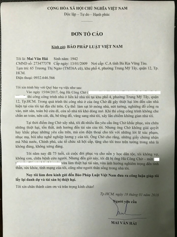 Đơn tố c&aacute;o của &ocirc;ng Hải