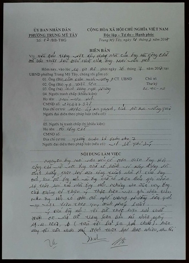 Biên bản làm việc giữa &ocirc;ng Hải v&agrave; &ocirc;ng Chờ tại phường Trung Mỹ T&acirc;y.