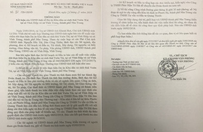 Th&ocirc;ng b&aacute;o kết luận của UBND tỉnh Kh&aacute;nh H&ograve;a về dự &aacute;n Vườn T&agrave;i.