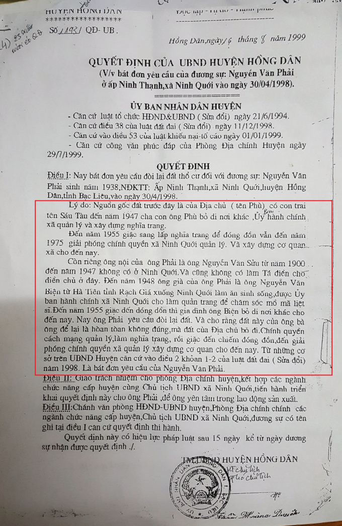 Quyết định của UBND huyện Hồng D&acirc;n b&aacute;c đơn khiếu nại của &ocirc;ng Phải với l&yacute; do đất trước đ&acirc;y của địa chủ Ph&ugrave;