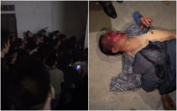 H&igrave;nh ảnh rất đ&ocirc;ng người d&acirc;n tụ tập tại UBND x&atilde; v&agrave; h&igrave;nh ảnh người đ&agrave;n &ocirc;ng bị đ&aacute;nh v&igrave; nghi ngờ bắt c&oacute;c.