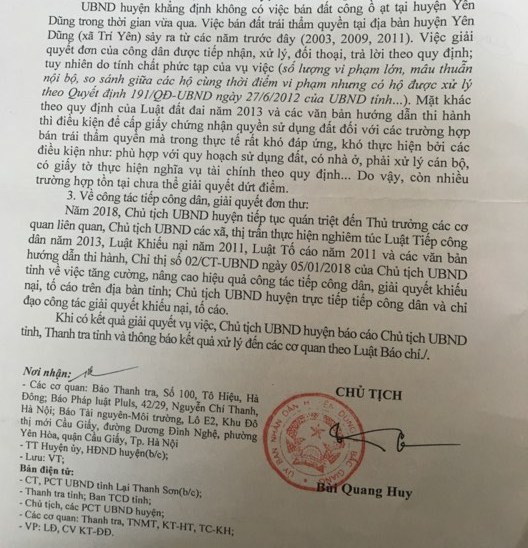 UBND huyện Y&ecirc;n Dũng thừa nhận c&oacute; việc b&aacute;n đất tr&aacute;i thẩm quyền tại địa phương.