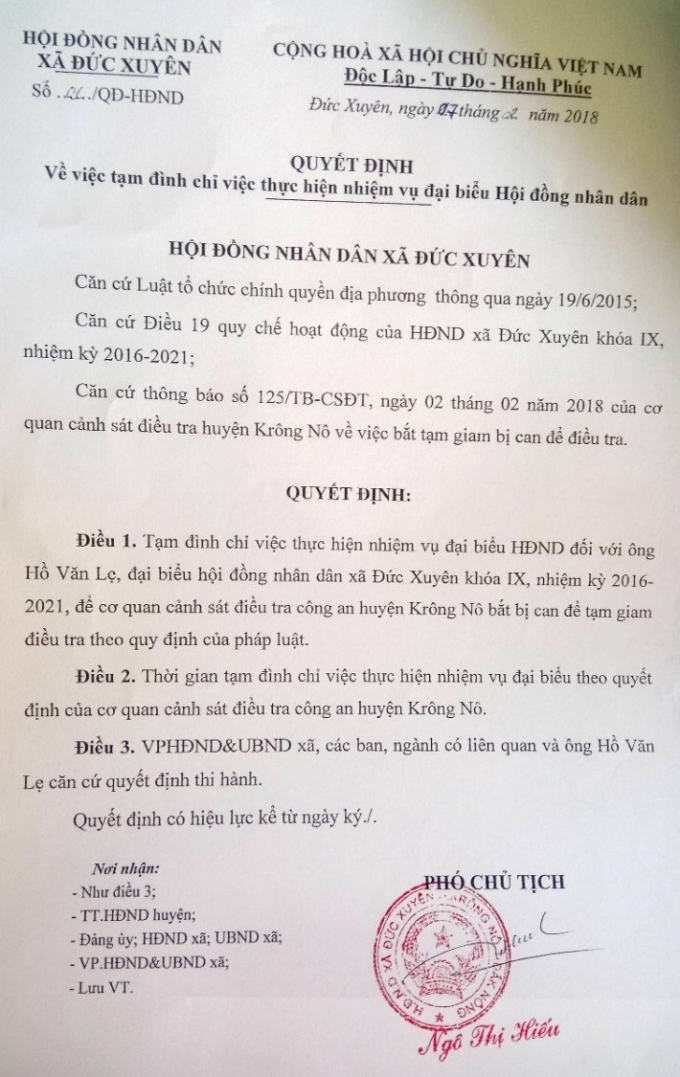Quyết định số 01/QĐ-HĐND của Hội đồng nh&acirc;n x&atilde; Đức Xuy&ecirc;n về việc tạm đ&igrave;nh chỉ c&ocirc;ng t&aacute;c với &ocirc;ng Lẹ.