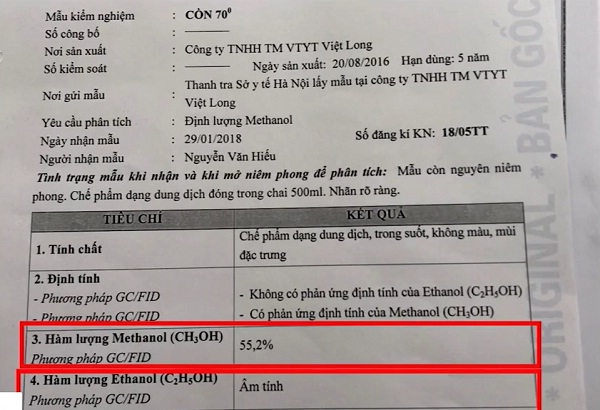 Kiểm nghiệm cồn y tế tại một cơ sở, Methanol chiếm 55,2%. Ảnh VTV24