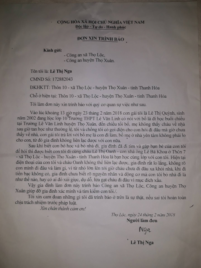 Đơn tr&igrave;nh b&aacute;o của gia đ&igrave;nh chị Nga gửi cơ quan chức năng với mong muốn nhanh ch&oacute;ng t&igrave;m được con g&aacute;i của m&igrave;nh.