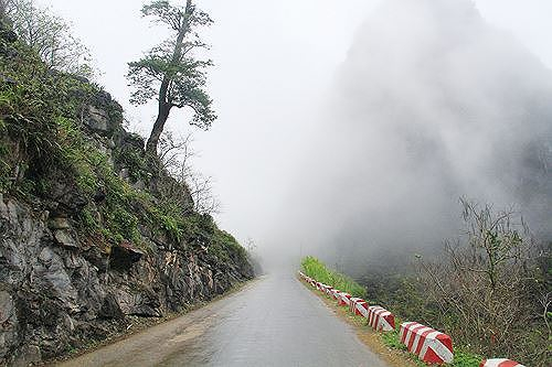 Một đoạn đường Hạnh ph&uacute;c tr&ecirc;n đ&egrave;o M&atilde; P&igrave; L&egrave;ng bị sương m&ugrave; bao phủ trong ng&agrave;y nhiệt độ xuống thấp Ảnh: Trường Phong.