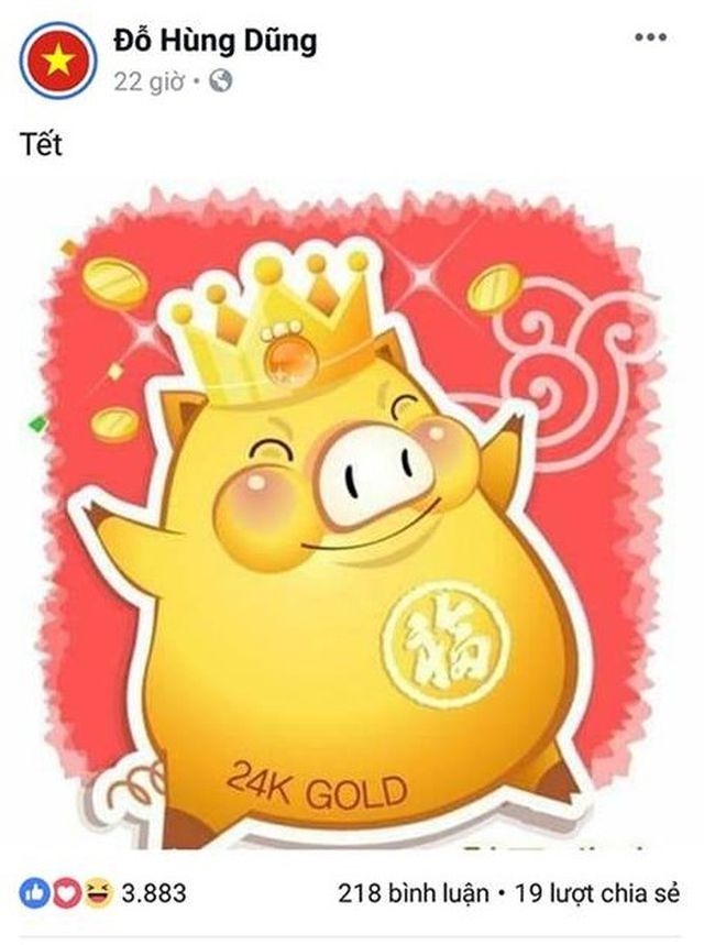 C&ograve;n Đỗ H&ugrave;ng Dũng đăng tải h&igrave;nh ảnh con gi&aacute;p của năm nay trị gi&aacute; &ldquo;24K Goid&rdquo; ch&agrave;o năm mới.&nbsp;
