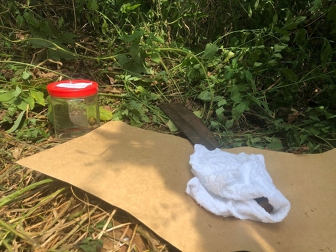 Tr&ecirc;n đường th&aacute;o chạy, ch&uacute;ng đ&atilde; l&agrave;m rơi 2 con dao, mũ, 2 chai xăng, 1 b&igrave;nh xịt hơi cay. Một nh&acirc;n vi&ecirc;n bị c&aacute;c đối tượng d&ugrave;ng sống dao đ&aacute;nh v&agrave;o g&aacute;y bị thương. Trong ảnh:&nbsp;Hung kh&iacute; vụ cướp&nbsp;(ảnh:Vietnamdaily)