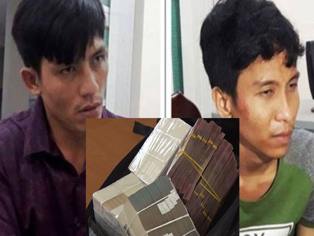 Hai đối tượng cướp trạm BOT v&agrave; số tiền bị C&ocirc;ng an thu giữ.