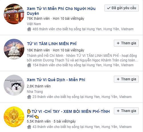 Ma trận Fan page lớn nhỏ về xem b&oacute;i online thu h&uacute;t h&agrave;ng ngh&igrave;n người tham gia. Nguồn: Facebook