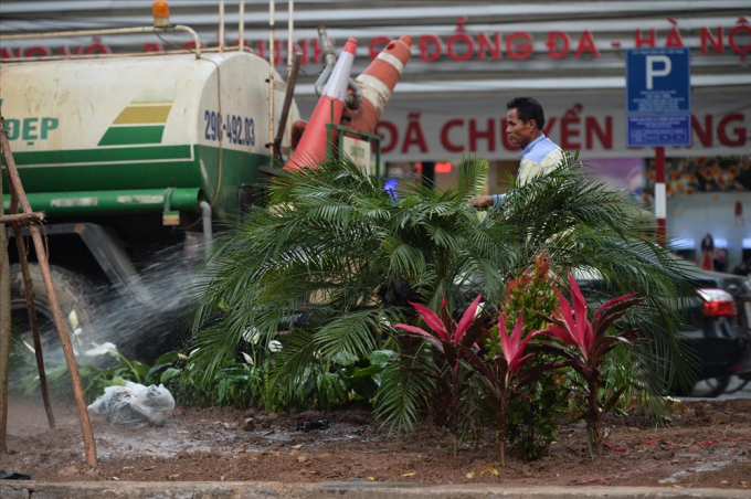 Dải ph&acirc;n c&aacute;ch giữa đường Giảng V&otilde; kh&aacute; rộng, được c&ocirc;ng nh&acirc;n trồng k&iacute;n hoa v&agrave; c&acirc;y xanh. Đ&acirc;y l&agrave; trục đường nối liền tới đại sứ qu&aacute;n Mỹ tại H&agrave; Nội.&nbsp;