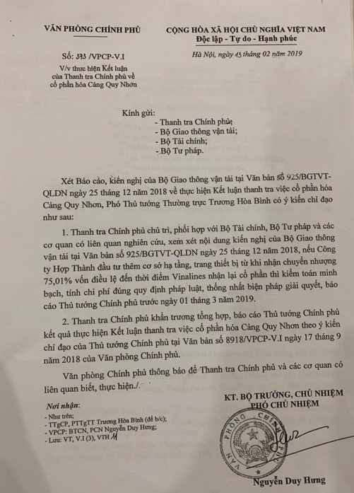 Văn bản truyền đạt &yacute; kiến chỉ đạo của Ph&oacute; Thủ tướng Trương Ho&agrave; B&igrave;nh về việc&nbsp;b&aacute;o c&aacute;o kết quả thực hiện kết luận thanh tra việc cổ phần ho&aacute; cảng Quy Nhơn.