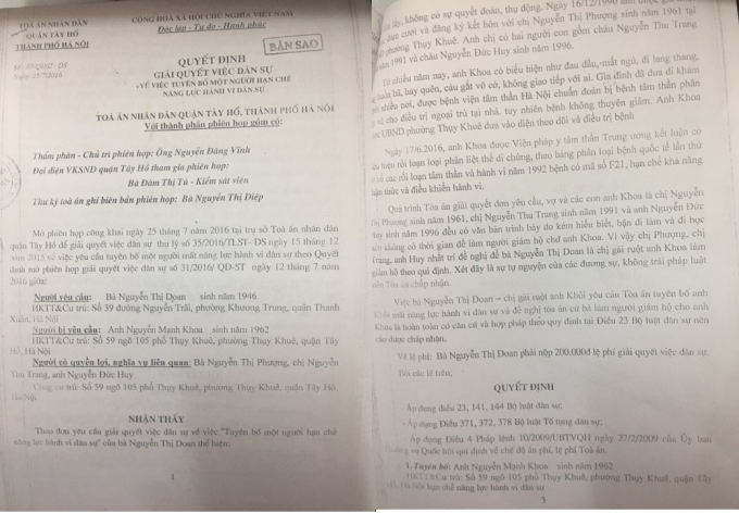 T&ograve;a &aacute;n nh&acirc;n d&acirc;n quận t&acirc;y Hồ x&aacute;c định &ocirc;ng Nguyễn Mạnh Khoa hạn chế năng lực h&agrave;nh vi d&acirc;n sự.