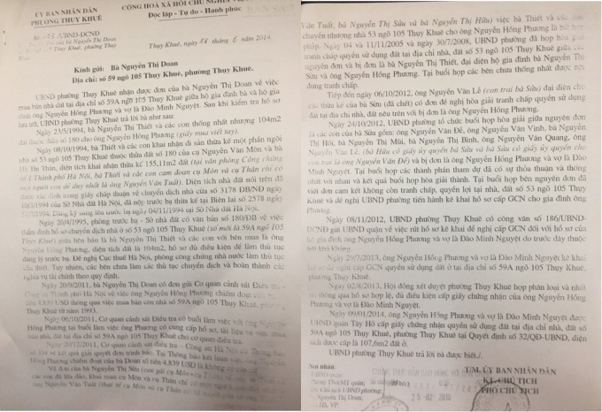 Văn bản Uỷ ban nh&acirc;n d&acirc;n phường Thụy Khu&ecirc; gửi b&agrave; Nguyễn Thị Doan.