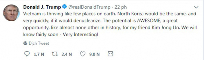 D&ograve;ng Tweet chia sẻ tr&ecirc;n Twitter của Tổng thống Mỹ Donald Trump s&aacute;ng 27/2.&nbsp;